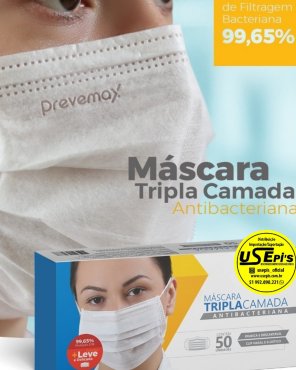 MÁSCARA TRIPLA RETANGULAR DESCARTÁVEL COM CLIP NASAL COR BRANCA MÁSCARA TRIPLA RETANGULAR DESCARTÁVEL COM CLIP NASAL COR BRANCA